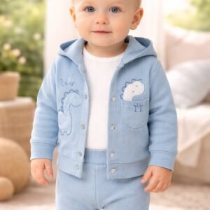 Erkek Bebek Dinozor İşlemeli Kapşonlu Zıbınlı 3'lü Takım