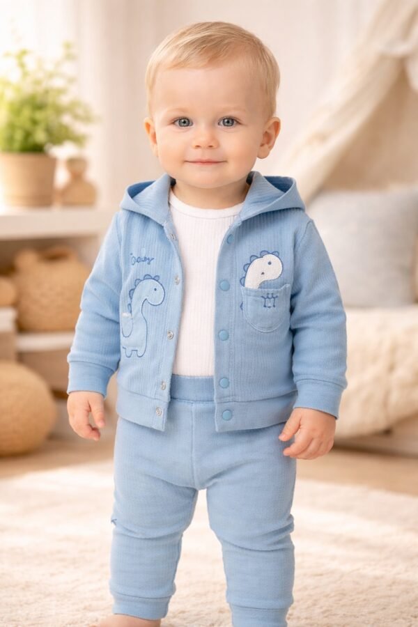 Bebek Erkek Dinozor İşlemeli Kapşonlu Zıbınlı 3'lü Takım, Erkek Bebek Giyim, Mavi Renkli Dinozor Desenli - Gorsel 2