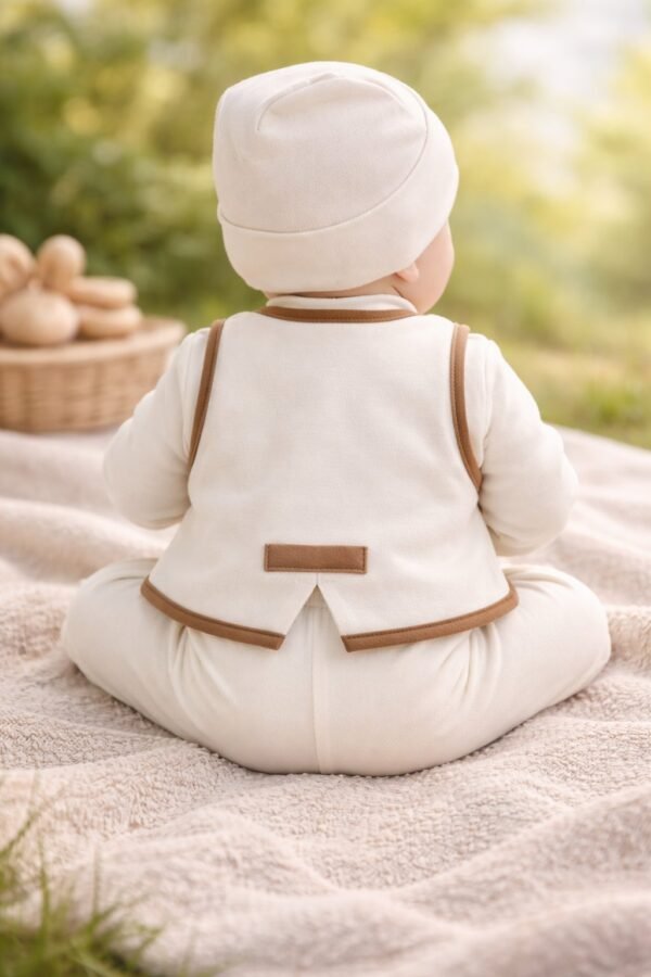 Erkek Bebek Zıbın Takımı 0-3 Ay Krem Renkli Düğmeli Konforlu ve Şık - Gorsel 4