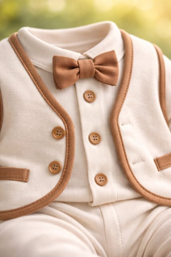 Erkek Bebek Zıbın Takımı 0-3 Ay Krem Renkli Düğmeli Konforlu ve Şık - Gorsel 3