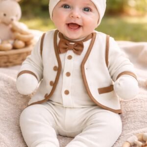 Erkek Bebek Düğmeli Fiyonklu 4 Parça Zıbın Takımı