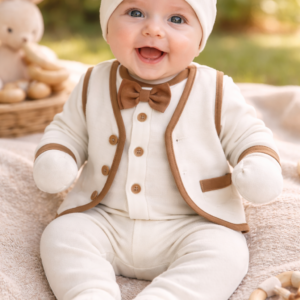 Erkek Bebek Düğmeli Fiyonklu 4 Parça Zıbın Takımı krem renkli rahat ve kullanışlı