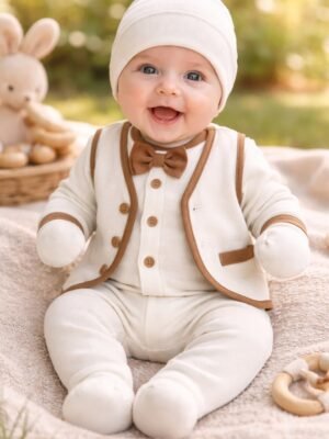 Erkek Bebek Zıbın Takımı 0-3 Ay Krem Renkli Düğmeli Konforlu ve Şık