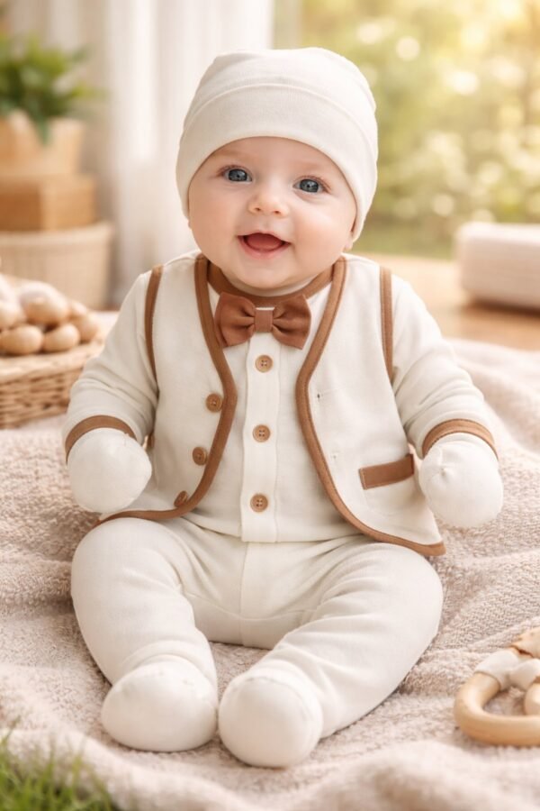 Erkek Bebek Zıbın Takımı 0-3 Ay Krem Renkli Düğmeli Konforlu ve Şık - Gorsel 2