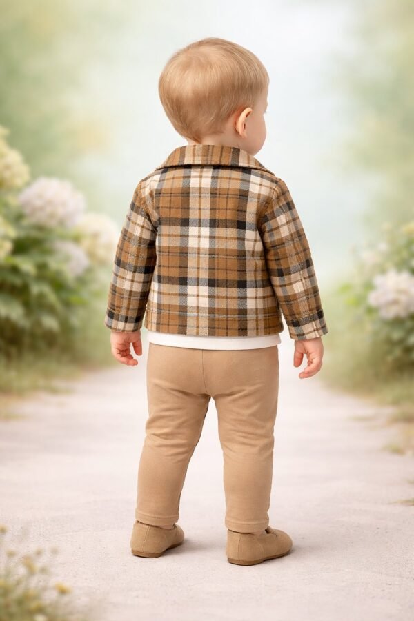 Erkek Bebek Ekoseli Ceket Sweat Pantolon Takım rahat ve şık kahverengi renkli - Gorsel 4