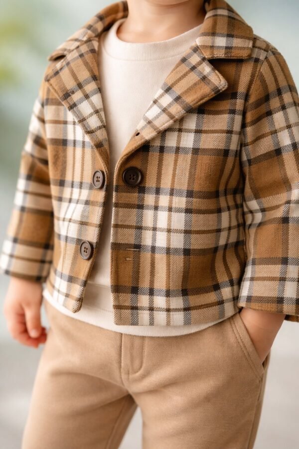 Erkek Bebek Ekoseli Ceket Sweat Pantolon Takım rahat ve şık kahverengi renkli - Gorsel 3