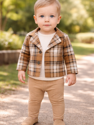 Erkek Bebek Ekose Ceket Sweat Pantolon Takımı kahverengi ve bej renkler, rahat ve şık tasarım