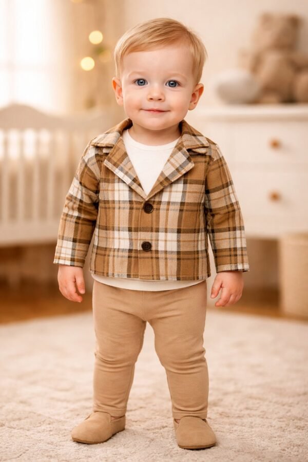 Erkek Bebek Ekoseli Ceket Sweat Pantolon Takım rahat ve şık kahverengi renkli - Gorsel 2