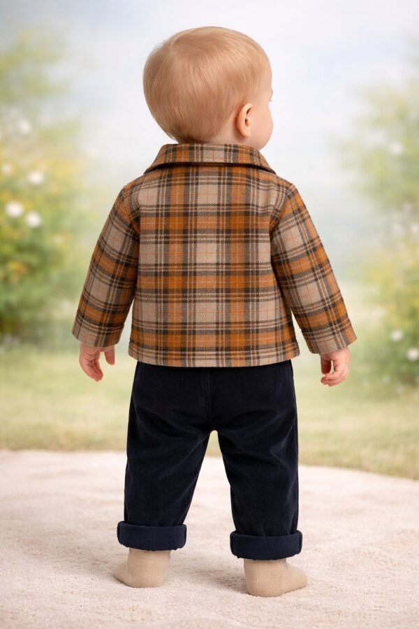 Erkek Bebek Takım Ekose Fermuarlı Ceketli Kadife Pantolonlu 3 Parça - Gorsel 4