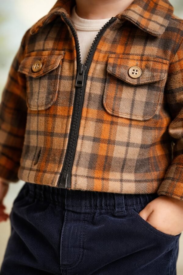 Erkek Bebek Takım Ekose Fermuarlı Ceketli Kadife Pantolonlu 3 Parça - Gorsel 3