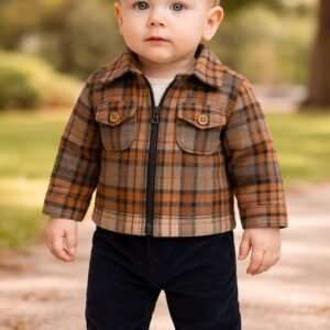 Erkek Bebek Takım Ekose Fermuarlı Ceketli Kadife Pantolonlu 3 Parça