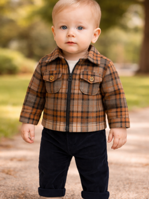 Erkek Bebek Takım Ekose Fermuarlı Ceketli Kadife Pantolonlu 3 Parça