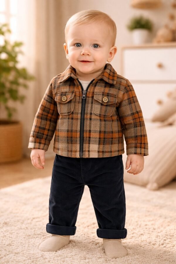 Erkek Bebek Takım Ekose Fermuarlı Ceketli Kadife Pantolonlu 3 Parça - Gorsel 2