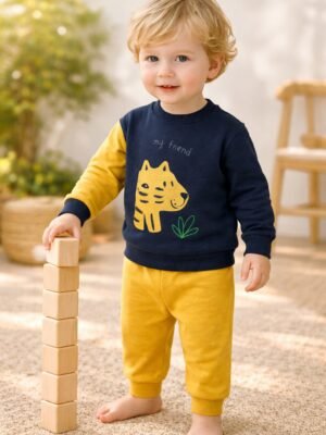 Pamuklu Bebek Takım Lacivert Uzun Kollu Sweatshirt ve Pantolon, Rahat ve Dayanıklı