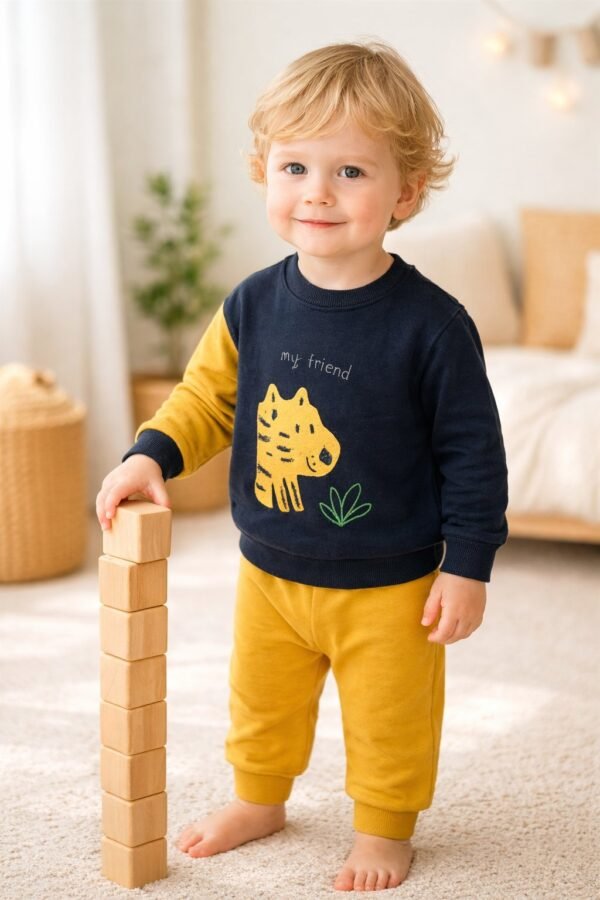 Pamuklu Bebek Takım Lacivert Uzun Kollu Sweatshirt ve Pantolon, Rahat ve Dayanıklı - Gorsel 2