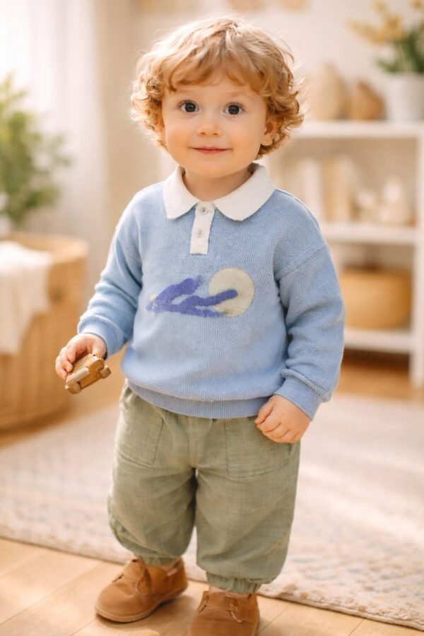 Erkek Bebek Gömlek Yaka Waffle Kumaş Mavi-Yeşil 2li Takım, Erkek Bebek Giyim, rahat ve şık tasarım - Gorsel 2