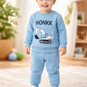 Erkek Bebek Kadife Takım Yazlık Mavi Kepçe Baskılı Şardonlu Konforlu