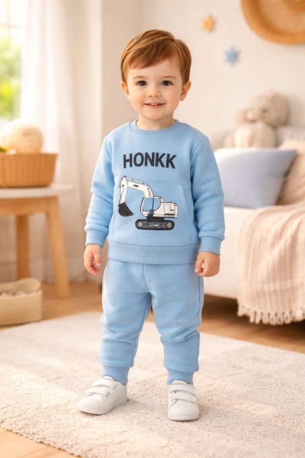 Erkek Bebek Takımı Mavi Kadife Baskılı Yumuşak İç Şardonlu - Gorsel 2