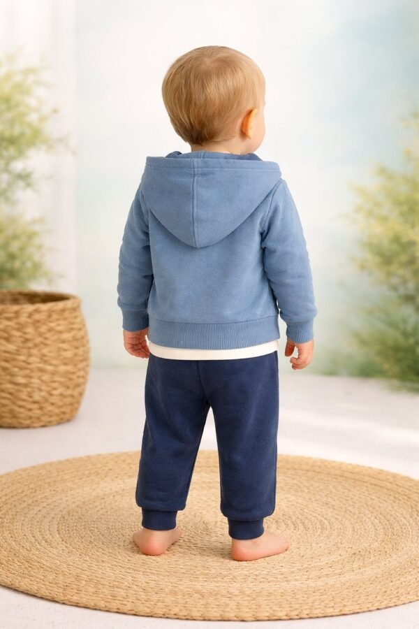 Erkek Bebek Kapşonlu Hırkalı Ayıcık Baskılı Sweat Takım, Mavi renk, rahat ve şık - Gorsel 4