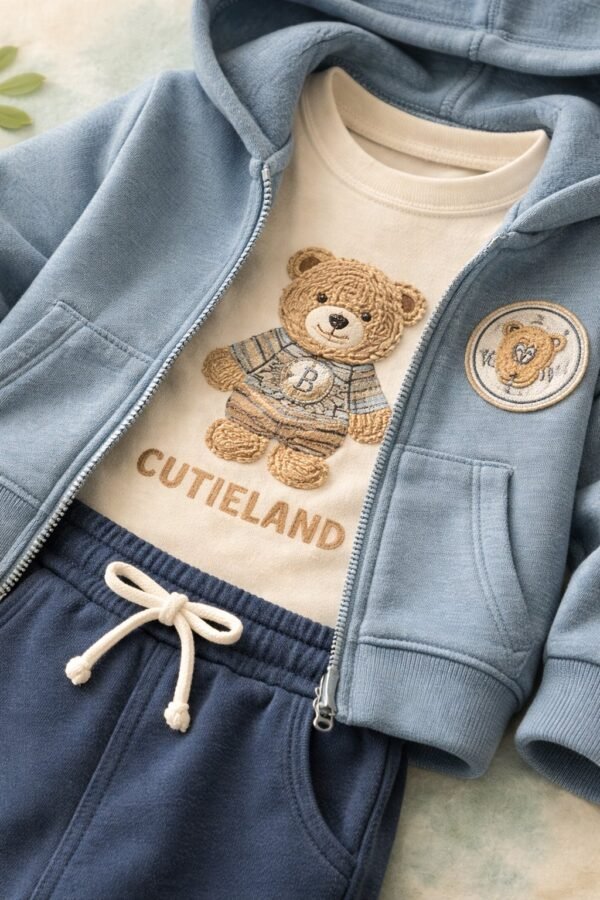 Erkek Bebek Kapşonlu Hırkalı Ayıcık Baskılı Sweat Takım, Mavi renk, rahat ve şık - Gorsel 3