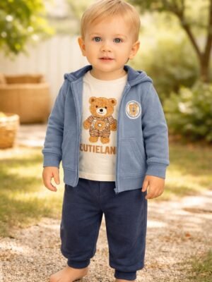 Erkek Bebek Kapşonlu Hırkalı Ayıcık Baskılı Sweat Takım, Mavi renk, rahat ve şık