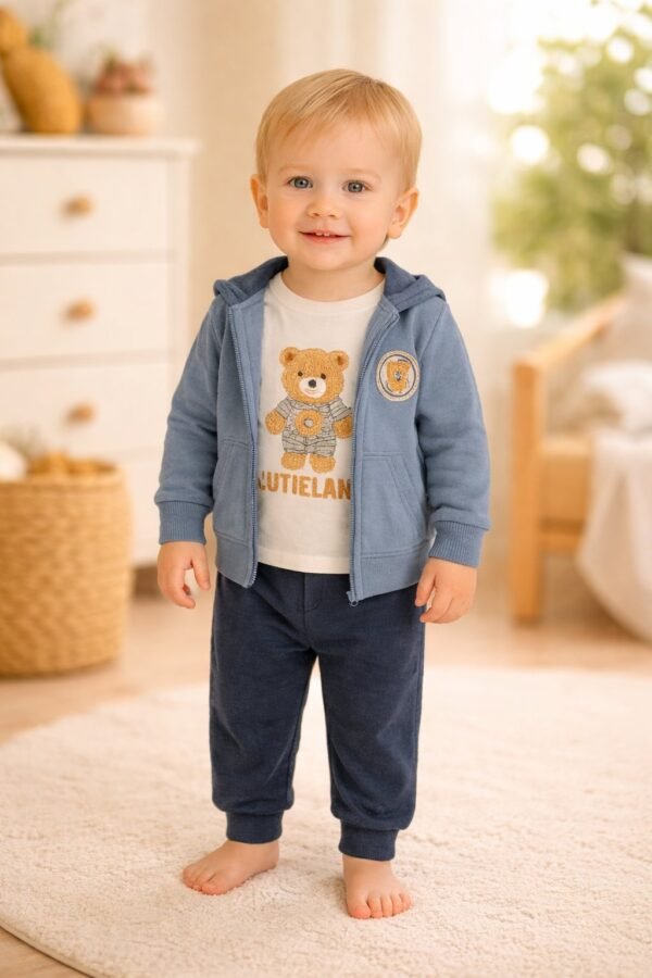 Erkek Bebek Kapşonlu Hırkalı Ayıcık Baskılı Sweat Takım, Mavi renk, rahat ve şık - Gorsel 2