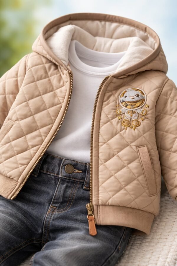 Erkek Bebek Kapşonlu Kapitone Montlu Kot Pantolonlu Takım, Konforlu ve Pratik Tasarım - Gorsel 3