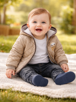 Erkek Bebek Kapşonlu Kapitone Montlu Kot Pantolonlu Takım, Erkek Bebek Giyim, Kışlık Set