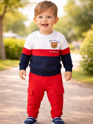 Erkek Bebek Keeep On Smile Yazılı Uzun Kollu Takım, rahat ve şık, kırmızı renk