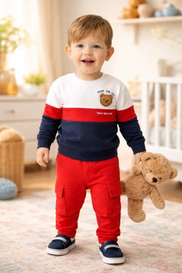 Erkek Bebek Keeep On Smile Yazılı Uzun Kollu Takım Kırmızı Renkli Bebek Giyim - Gorsel 2