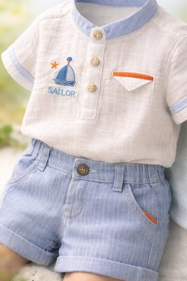 Erkek Bebek Keten Gömlekli Şortlu Takım 2 Parça, Yazlık, Hafif ve Nefes Alabilir - Gorsel 3