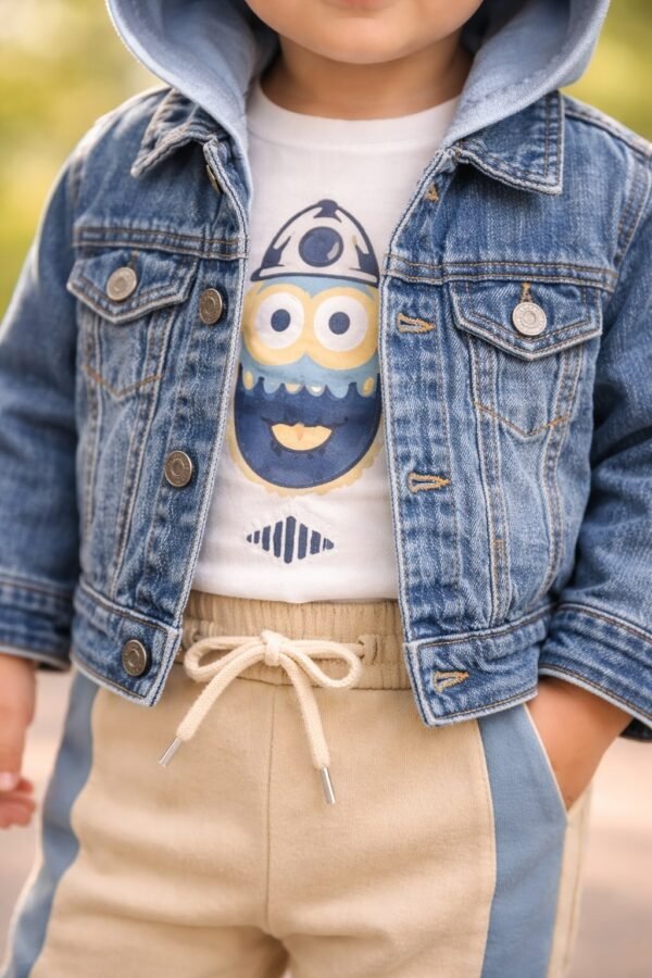 Erkek Bebek Kot Ceket Uzun Kol Badi Beli Lastikli Eşofman Takımı dayanıklı denim - Gorsel 3