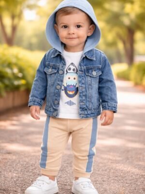 Erkek Bebek Kot Ceket Uzun Kol Badi Beli Lastikli Eşofman Takımı dayanıklı denim