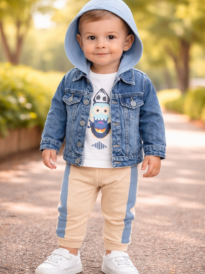 Erkek Bebek Kot Ceket Uzun Kol Badi Beli Lastikli Eşofman Takımı, Erkek Bebek Giyim, Mavi renkli ve rahat tasarım