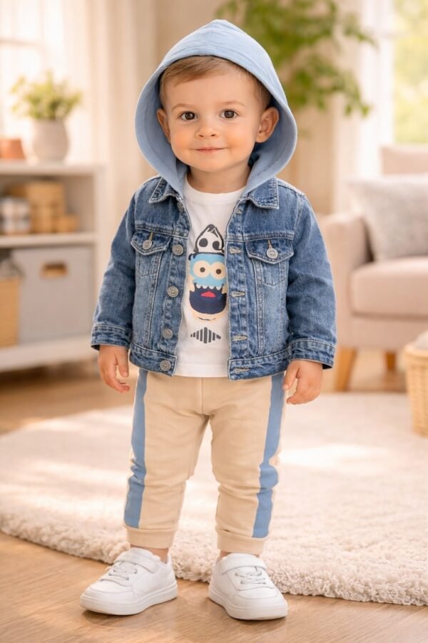 Erkek Bebek Kot Ceket Uzun Kol Badi Beli Lastikli Eşofman Takımı dayanıklı denim - Gorsel 2