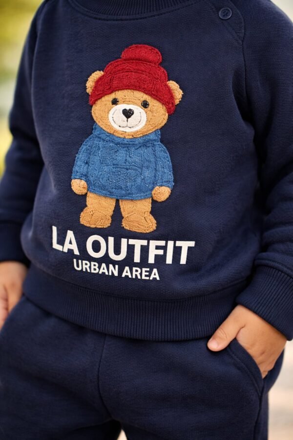 Bebek Erkek Lacivert Takım 12-24 Ay Ayıcık Baskılı Şardonlu rahat kullanım - Gorsel 3