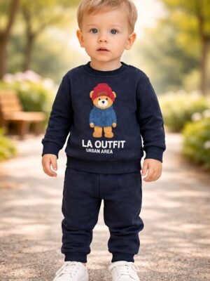 Bebek Erkek Lacivert Takım 12-24 Ay Ayıcık Baskılı Şardonlu rahat kullanım