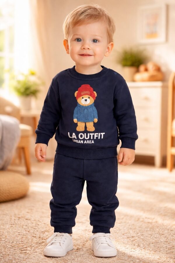 Bebek Erkek Lacivert Takım 12-24 Ay Ayıcık Baskılı Şardonlu rahat kullanım - Gorsel 2