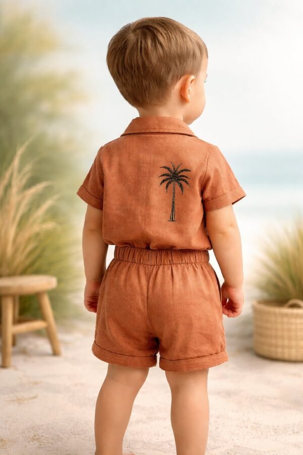 Erkek Bebek Palmiye Baskılı Kısa Kollu Gömlekli Şortlu Keten Takım, rahat ve şık çocuk giyim - Gorsel 4