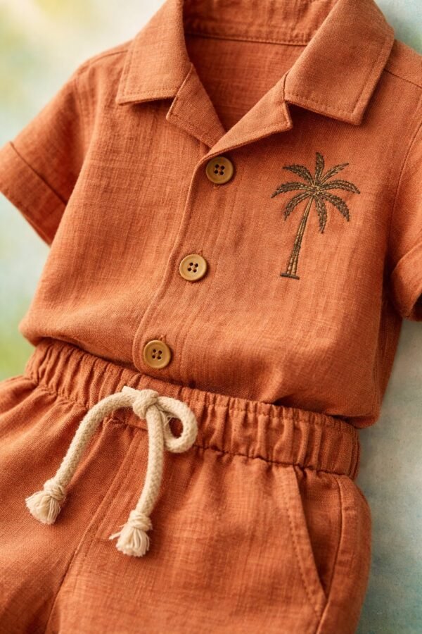 Erkek Bebek Palmiye Baskılı Kısa Kollu Gömlekli Şortlu Keten Takım, rahat ve şık çocuk giyim - Gorsel 3