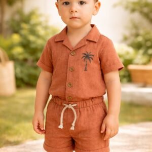 Erkek Bebek Palmiye Baskılı Kısa Kollu Gömlekli Şortlu Keten Takım