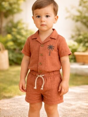 Erkek Bebek Palmiye Baskılı Kısa Kollu Gömlekli Şortlu Keten Takım, rahat ve şık çocuk giyim