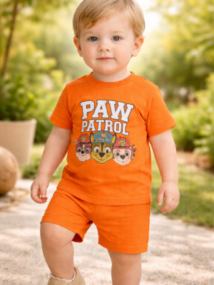 Erkek Bebek Paw Petrol Baskılı Turuncu Kısa Kollu Takım, Bebek Giyim, Rahat ve Dayanıklı