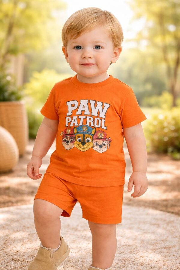 Erkek Bebek Paw Patrol Baskılı Turuncu Kısa Kollu Takım, Bebek Giyim, Rahat ve Pratik - Gorsel 2