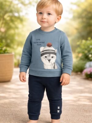 Erkek Bebek Şapkalı Kedicik Baskılı Şardonlu Takım, Lacivert, Rahat ve Dayanıklı