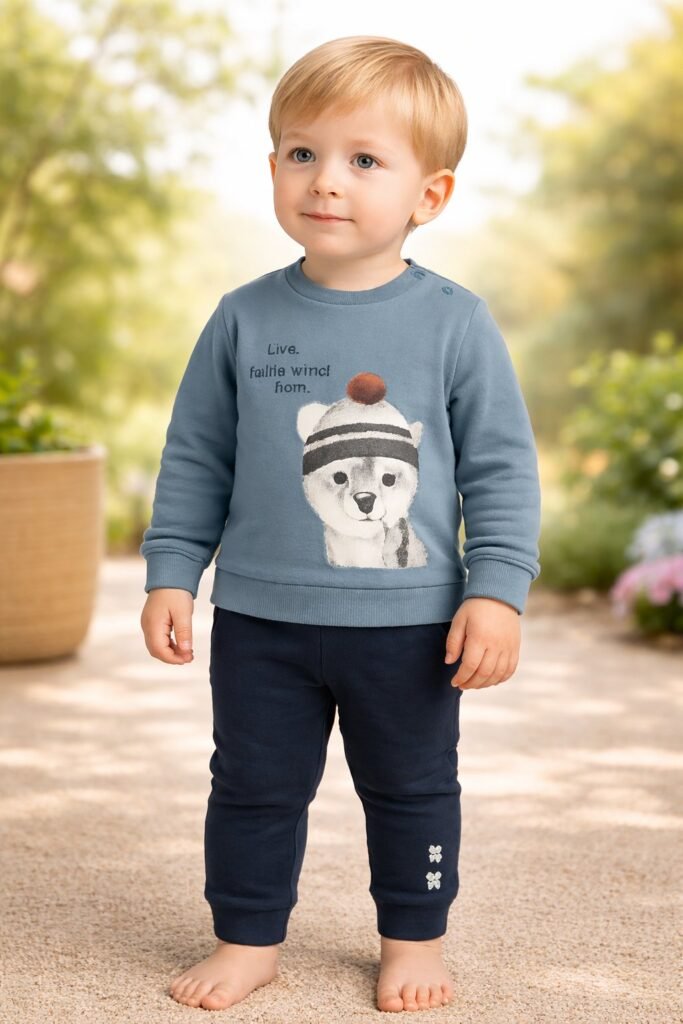 Erkek Bebek Şapkalı Kedicik Baskılı Şardonlu Takım, Lacivert, Rahat ve Dayanıklı