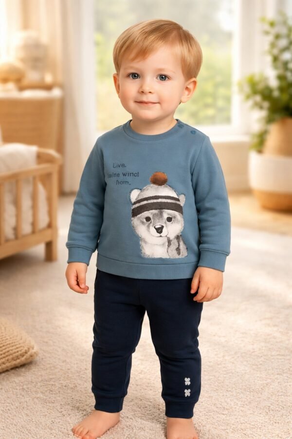 Erkek Bebek Şapkalı Kedicik Baskılı Şardonlu Takım, Lacivert, Rahat ve Dayanıklı - Gorsel 2