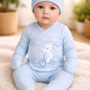 Erkek Bebek Şapkalı Kendinden Eldivenli Ayaklı Zıbın Seti