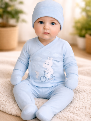 Erkek Bebek Şapkalı Kendinden Eldivenli Ayaklı Zıbın Seti, bebek giyim, rahat ve dayanıklı