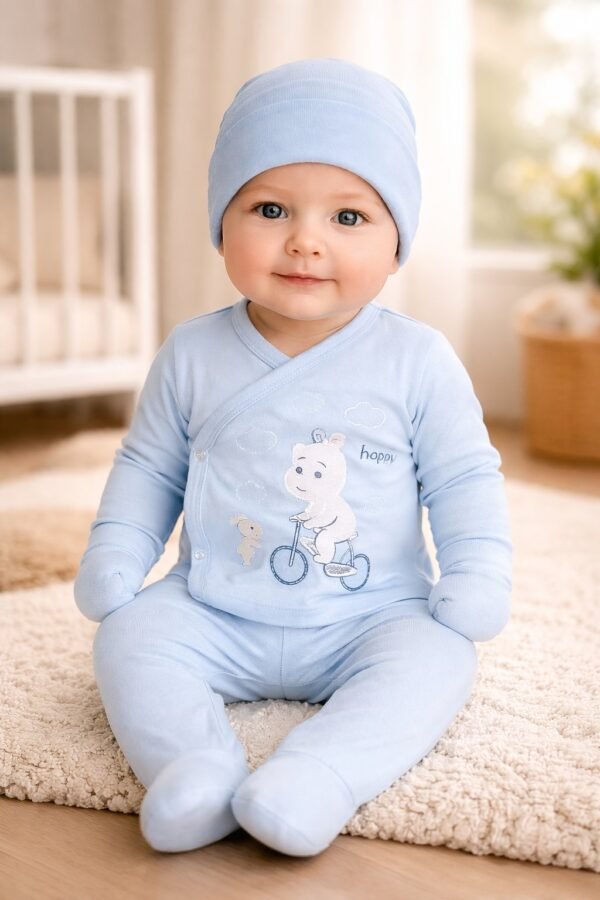 Erkek Bebek Şapkalı Kendinden Eldivenli Ayaklı Zıbın Seti, bebek giyim, rahat ve dayanıklı - Gorsel 2